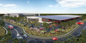 Renders of the Australia Post warehouse being constructed at the Goodman Group and Brickworks Oakdale West Industrial Estate in Sydney’s west.