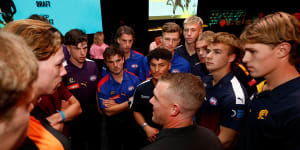 Tarkyn Lockyer,National AFL Academy Manager and coach speaks to the potential draftees before the first round.