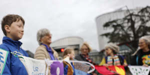 People demonstrate outside the European Court of Human Rights/