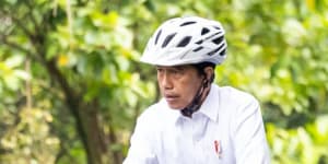 Prime Minister Anthony Albanese and Indonesia President Joko Widodo ride bicycles around the grounds of Bogor Palace,West Java,last June.