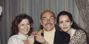 Pamela Salem,Sean Connery and Barbara Carrera during a press launch for the James Bond film Never Say Never Again in 1983.