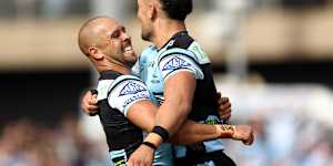 Will Kennedy celebrates a Sharks try on Easter Sunday.