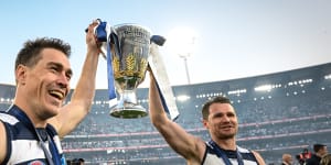 Jeremy Cameron and Patrick Dangerfield celebrate Geelong’s premiership last year. The two free agents have made the Cats an exciting team to watch.