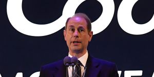 Prince Edward speaks on stage as the Games came to a formal end.