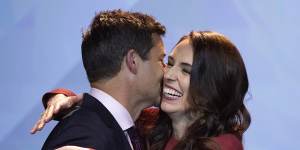 Ardern is congratulated by partner Clarke Gayford following her victory in the 2020 election.