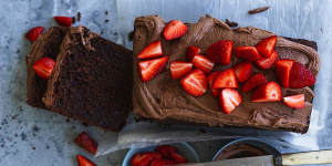 Beetroot chocolate cake with"the world's easiest icing"and fresh strawberries.