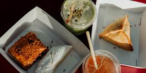 Iced yensoon tea,iced plum pistachio matcha,date shortbread,spinach triangle,and Biscoff baklava at Ard.