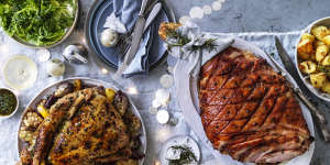 Alison Roman's turkey and Andrew McConnell's spiced maple and amaro glazed ham and duck fat roast potatoes.