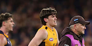 Will Day hobbles off Adelaide Oval.