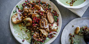 An Indian-inspired snack of spice roasted potatoes,chickpeas and mint yoghurt.