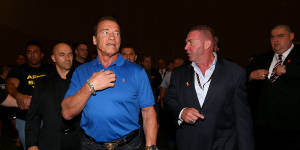 Arnold Schwarzenegger with event promoter Tony Doherty during the Arnold Classic at The Melbourne Convention and Exhibition Centre in 2017.
