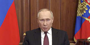 Russian President Vladimir Putin gives a televised address on Thursday.