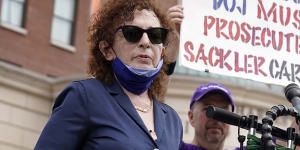 Nan Goldin in 2021 protesting against the Sackler family,whose company Purdue Pharma produced the drug OxyContin.