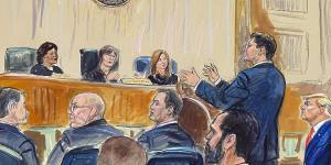 A sketch depicts Donald Trump (right) listening as his lawyer John Sauer speaks before the court.