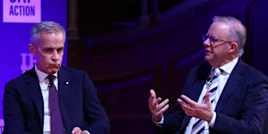 Prime Minister Anthony Albanese with Canada’s PM,Mark Carney,at the Global Progress Action Summit held in London in September. 