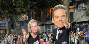 No show:Sarah and Lachlan Murdoch impersonators at Sydney Gay and Lesbian Mardi Gras 2023.