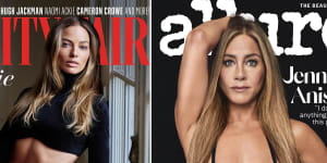 Margot Robbie on the cover of the December/January issue of ‘Vanity Fair’ in an Alaia dress photographed by Mario Sorrenti and Jennifer Aniston in a Chanel bikini on the cover of the December issue of US magazine ‘Allure’,photographed by Zoey Grossman.