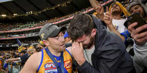 Touching moment:Jeremy McGovern with brother Mitch McGovern at the 2018 Grand Final.