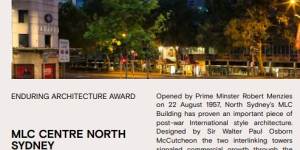 The design of the MLC Centre North Sydney won the NSW Architects Enduring Architecture Prize in 2021. It was designed by Bates Smart McCutcheon and completed in 1957.