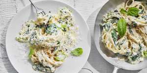 Spinach,spring onion and basil pasta.