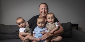 Sarah Wiseman with triplets Isaac,Arlo and Hunter.