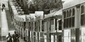Trams line up during long-running dispute about the removal of conductors from Melbourne trams. 