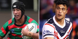 Joseph Suaalii as a teenager at South Sydney and first-grade star with the Roosters.