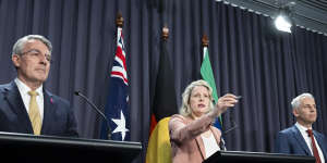 Ministers Mark Dreyfus,left,Clare O’Neil and Andrew Giles on Wednesday.