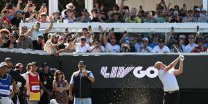Australia’s Cameron Smith tees off in front of huge crowds at LIV’s event in Adelaide in April.