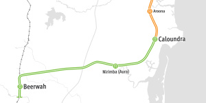 The state government’s new staged approach to the Sunshine Coast rail link,with stage one in green.