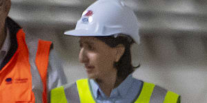 Premier Gladys Berejiklian inspects the first of two metro railway tunnels deep under Sydney Harbour.