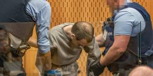 Christchurch mosque gunman Brenton Tarrant arrives for his sentencing hearing at Christchurch High Court on August 26,2020 in Christchurch,New Zealand. 
