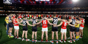 Players,coaches,and umpires will come together pre-game across the round of AFL matches this weekend.