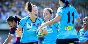 Road tripper:Rookie NSW winger Maya Stewart pops up after scoring her debut try in the Waratahs'win over Queensland at Leichhardt Oval.