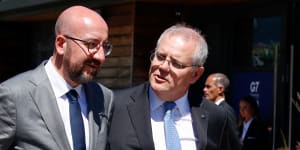 European Council President Charles Michel and Prime Minister Scott Morrison,pictured during the G7 in June.