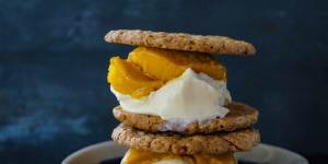 Weis bar-inspired ice-cream sandwiches with mango sorbet and coconut froyo.