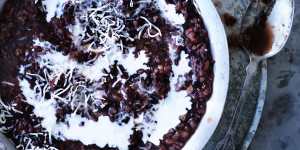 Helen Goh's baked black rice pudding with palm sugar,pandan and coconut.