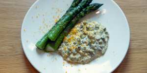 On the menu:English asparagus with egg mayonnaise and cured egg yolk.