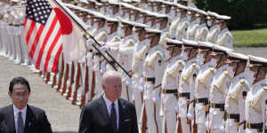 US President Joe Biden,right,and Japan’s Prime Minister Fumio Kishida in Tokyo on Monday