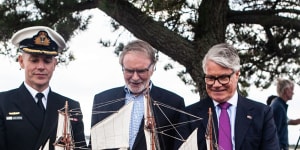 Australian Navy Commander Doug Theobold,Australian National Maritime Museum chair Peter Dexter and Australia's Consul-General to New York with a replica of the Endeavour