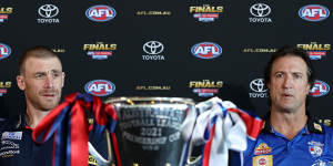 Melbourne coach Simon Goodwin and his Bulldogs counterpart Luke Beveridge at a grand final media conference in Perth on Friday.