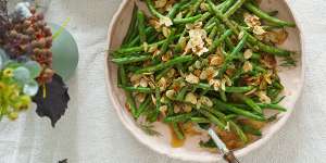 Green beans with toasted almonds and spiced preserved lemon dressing.