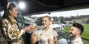 From left:May O’Connell,Chloe Noakes and William Pointon at Randwick on the eve of the 2022 Everest carnival.