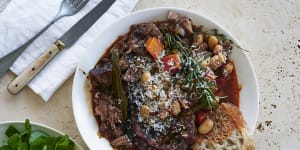 Karen Martini’s veal osso bucco with ’ndjua,rosemary,white wine and butter beans.