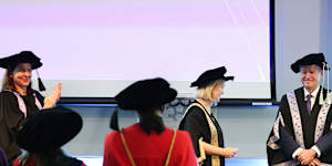 Bill Shorten,the new vice chancellor of the University of Canberra,with chancellor Lisa Paul during his investiture.