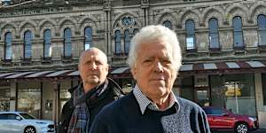 Alan Nightingale,president of the Emerald Hill Residents Association,and Mitchell Dowd in front of the Patross Knitting Mills,which is opposite a new five-storey development.