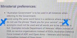 A ministerial memo sent within the Veterans’ Affairs Department banning the use of the phrase “thank you for your service”.
