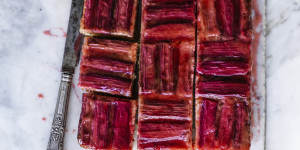 Helen Goh's upside-down cake decorated with alternating rhubarb stalk stripes.