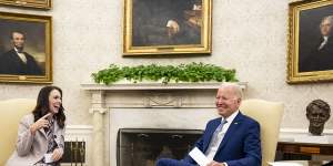 US President Joe Biden meets Jacinda Ardern in the Oval Office of the White House.