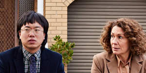 Grumpy lawyer Helen Tudor-Fisk (Kitty Flanagan,pictured with Aaron Chen) finds her tribe in the narrative comedy Fisk.